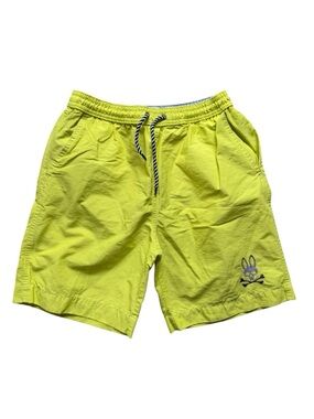 Psycho Bunny Boys Swim Trunks Size 10-12 Medium Neon Yellow Lined Summer Travel
